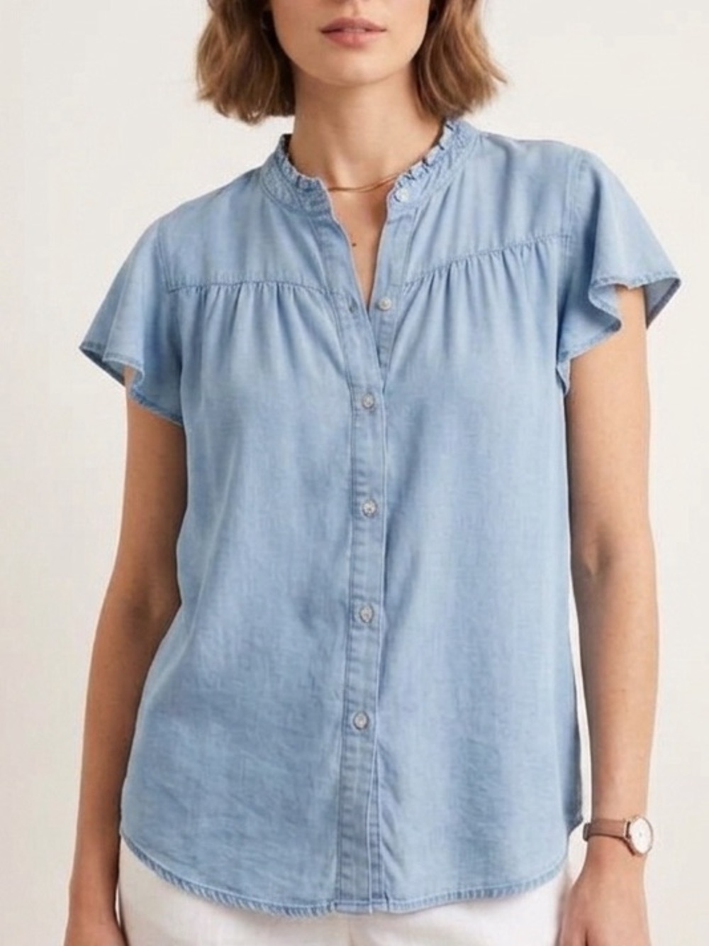 Caffe Marrakesh Chambray Ruffle Sleeve Blouse Size XL